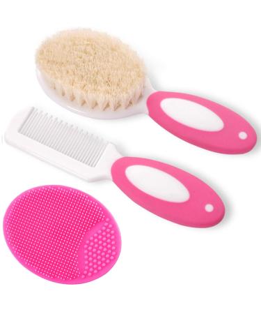 Baby Hair Brush and Comb Set for Newborns & Toddlers | Natural Soft Goat Bristles | Ideal for Cradle Cap | Perfect Baby Registry Gift (Rose Red)