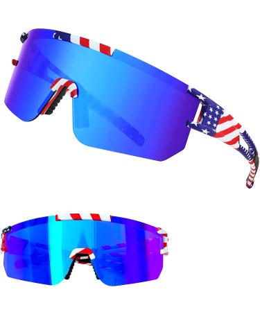 YzeeMi Polarized Sunglasses for Men Women, P-V Style UV400 Protection for Cycling Running Biking Golf Rainbow Blue Lens Flag Frame