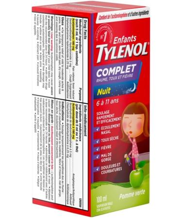 TYLENOL Children s Complete Cold Cough & Fever Suspension Liquid Nighttime Relieves Cough Cold & Fever symptoms 100mL Green Apple Flavour For ages 6-11yrs - Buy Online on GoSupps.com