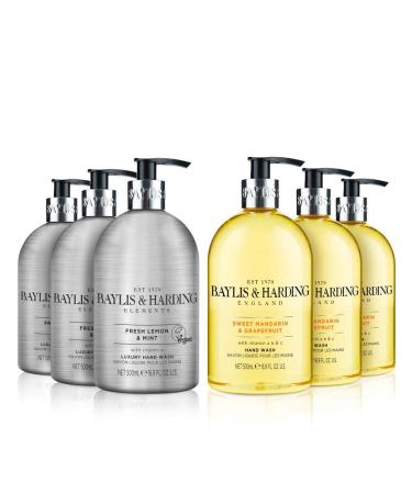 Baylis & Harding Hand Wash Bundle: 3 x 500 ml Elements Lemon & Mint Hand Wash & 3 x 500 ml Sweet Mandarin & Grapefruit Hand Wash (6 bottles) - Vegan Friendly Hand Wash Bundle 7