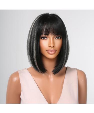 Testar 14-Inch Black & Gray Bob Wig for Women - Short Synthetic Wig with Ponytail & Highlights | Heat-Resistant Fiber for Daily & Party Use - Buy Online on GoSupps.com