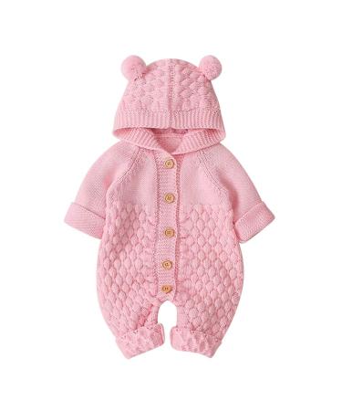 Baby Boy Girl Clothes Long Sleeve Knitted Hooded Romper Bodysuit Onesie Fall Winter Jumpsuit 18-24 Months Pink-Hairball