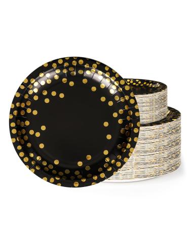 Vukehon 100PCS Disposable Black Paper Plates for Party Round Dinner Plates 7inch & 9 Inch Golden Foil Polka Dots Black and Gold Party Supplies for Graduation Birthday Wedding Cocktail Party
