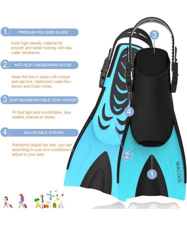 WACOOL Adult Short Adjustable Fins for Snorkeling, Diving, and Swimming - S/M Size (Men 4.5-8.5, Women 5.5-9.5) - LakeBlue - Buy Online on GoSupps.com