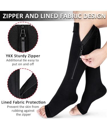 Ailaka Zipper Compression Socks - 15-20 mmHg Knee High Support for Varicose Veins & Edema - Open Toe Design for Women, Men, Nurses - Medium (1 Pair) - Black - Buy Online on GoSupps.com