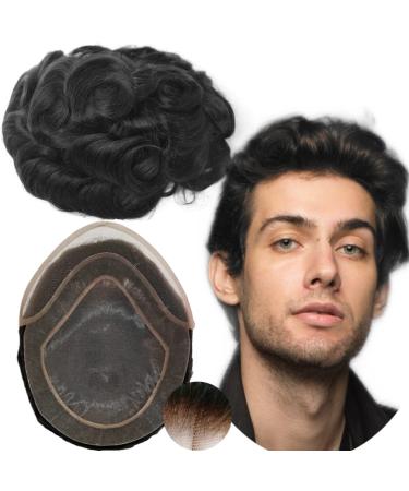 Real hair toupet for men yanahair wavy hair thin French tip bleached knot natural hairline poly wigs skin hair system European wig man 10x8 " #1b natural black - Buy Online on GoSupps.com