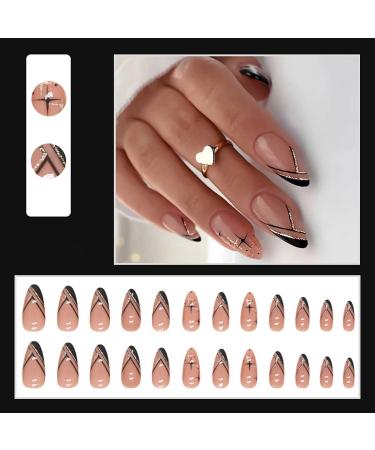 24 Pcs Black French Tip Press on Nails with Star Glitter Design - Medium Almond False Nails for Women - Buy Online on GoSupps.com