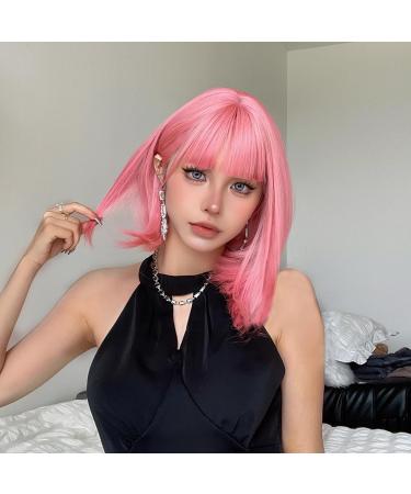 Pretfy Short Pink Bob Wigs 12" Short Cute Bob Pink Wig with Air Bangs for Women Light Pink Straight Shoulder Length Bob Fashion Soft Hair Wig with Fringe Synthetic for Halloween Cosplay Daily Party Pink-3#(Short)