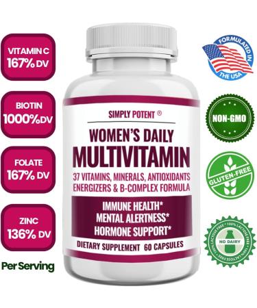 Women's Multivitamin with 37 Essential Vitamins & Minerals - Hair, Skin, Nails, Energy, and Immune Support - 60 Capsules - Buy Online on GoSupps.com