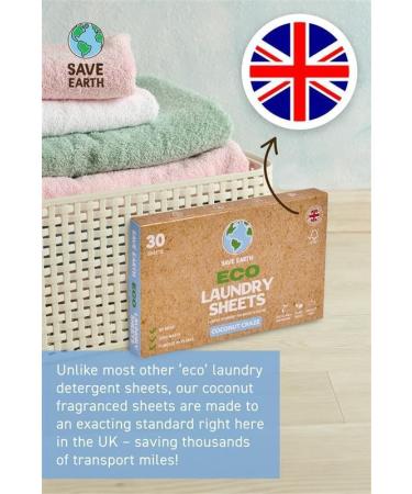 Save Earth UK Laundry Detergent Sheets - Coconut - Eco-Friendly Biodegradable Ingredients & No Harsh Chemicals 3 Pack (90 Loads) - Buy Online on GoSupps.com