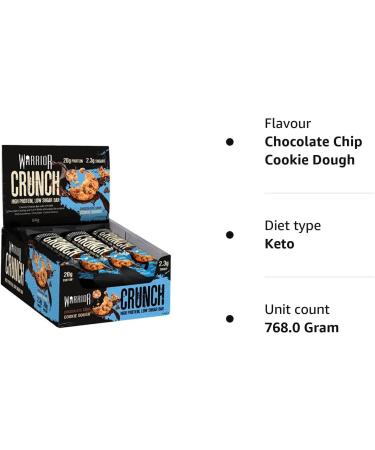 Warrior Crunch Choc Chip Cookie Dough Bars - 12 Count Pack - Delicious Chocolate Chip Cookie Dough Flavor - Buy Online on GoSupps.com