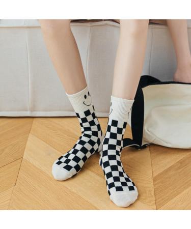 Akamas 4 Couple Black & White Checkered Ladies Socks - Smiling Face Pattern Colorful Breathable Cotton Crew Socks Perfect Gift for Girls - Buy Online on GoSupps.com
