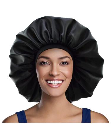 Extra Large Satin Bonnet  XL Oversized Bonnets  Black Real Satin Bonnet Sleeping Cap for Women Long Curly Natural Hair Jumbo - Black