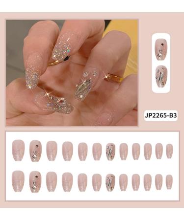 3D Rhinestone Pink Coffin Fake Nails Medium Length - Glossy Ballerina False Nails for Women | 24PCS - Buy Online on GoSupps.com