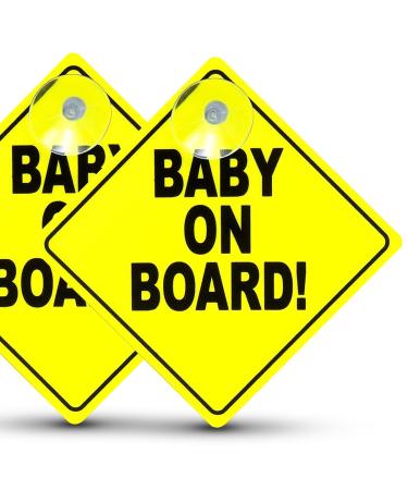 2pk Baby On Board Sign for Car | Bright Yellow Baby on Board Sticker for Car | Child on Board Car Sign | Powerful Suction Cups Attach To Glass Surface | Baby on Board Car Sign | Baby On Board Car Sign