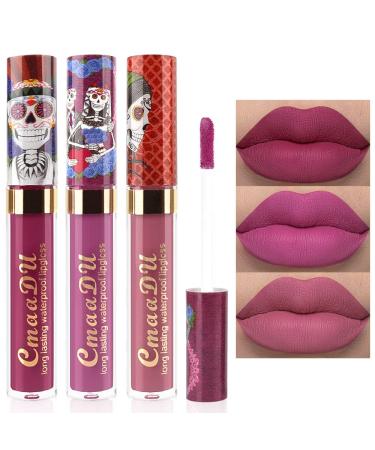 evpct 3Pcs Mauve Sandy pink Chestnut Dark Red Matte Liquid Lipstick Lip Gloss Stain Makeup Set for Women Skull Face 24 Hour Long Lasting Waterproof Lipstick Smudge Proof labial mate larga duracion 24 3 Count (Pack of 1) ...