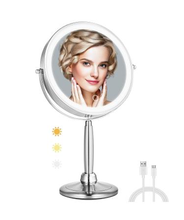 Mirrormore 9 Large Lighted Makeup Mirror | 3 Color LED Dimmable Lighting | 1X/10X Rechargeable Magnifying Mirror | 360 Rotation Vanity Mirror | Touch Screen Detachable Design | Senior Pearl Nickel - Buy Online on GoSupps.com