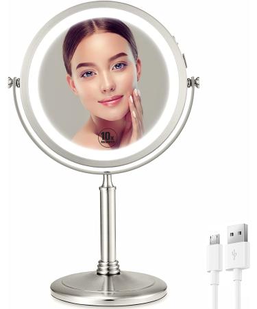 VESAUR 8 Rechargeable Lighted Makeup Mirror  1X/10X Magnifying Mirror with 3 Colors 50 LED Lights  Touch Screen Brightness Adjustable  Removable Travel Vanity Mirror 360  Rotation  Senior Nickel