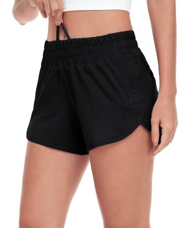 HeyNuts Stride Women's Running Shorts | Mid-Waisted Athletic Shorts with Side Pocket | Workout Shorts with Liner | 4 Inseam | Black - Buy Online on GoSupps.com
