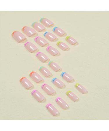 24Pcs Short French False Nails with Colorful Edge Design - Square Fake Nails for Women - Multicoloured Cute Nail Set with Glue - Buy Online on GoSupps.com