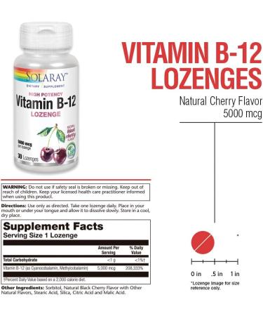 Solaray Vitamin B-12 5000 mcg Natural Black Cherry - 30 Lozenges for Energy & Wellness - Buy Online on GoSupps.com