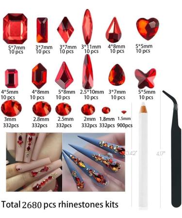 Red Rhinestones Nail Gems Kit with Picker, Tweezers - Multi Shape Glass Crystals for Nail Art - Face Gems Included - Buy Online on GoSupps.com