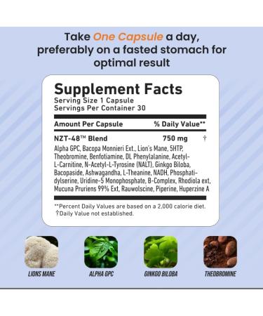 NZT-48 Premium Brain Booster - Lions Mane Nootropic Supplement for Memory & Focus - Caffeine Free Phosphatidylserine - 30 Capsules - Buy Online on GoSupps.com