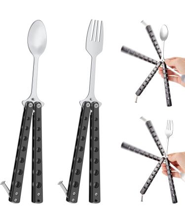 2 Pcs Butterfly Fork and Spoon Set, Tactical Butterfly Spoon Folding Stainless Steel Butterfly Fork for Travel Camping Hunting BBQ Kitchen (Black)