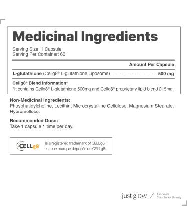 Just Glow CELLg8 Liposomal Glutathione 500mg 60 Capsules - Clinically Studied & Tested by 3rd Party - Supplement for Antioxidants Cellular Health - Made in Canada (2 Months Supply) - Buy Online on GoSupps.com