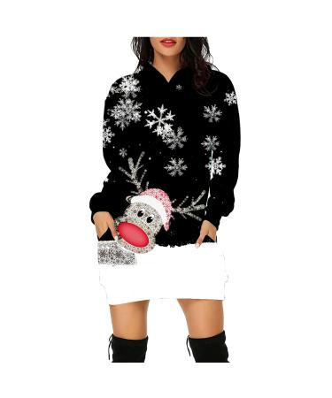 Christmas dress for women Christmas dress long -sleeved sweatshirts dress hoodie with bag top long -sleeved shirt Christmas Merry Christmas Christmas dresses narrow rock black s