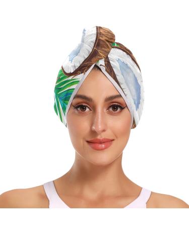 Tropical Coconut Hair Towel 2 Pack Super Absorbent Hair Drying Towel Quick Dry Hair Turbans Head Towel with Button Twisty Wrap for Women Girls