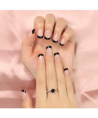 Black Lace French Tip Artificial Nails - 24 Medium-Short Reusable Gel Acrylic Manicure for DIY Style - Buy Online on GoSupps.com