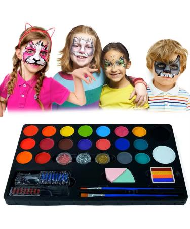 Kids Face Painting Kit 20 Non-Toxic Water Based Paints Professional Face and Body Paint Makeup for Sensitive Skin 4 Stencils 2 Hair Chaulk Combs 2 Sponges