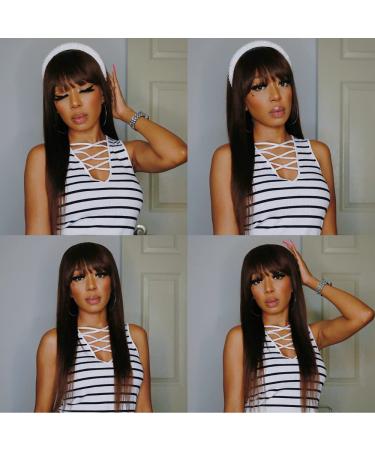 Brazilian Straight Brown Human Hair Wig with Bangs for Black Women - 18 Inch Medium Brown Non-Lace Glueless Wig - Buy Online on GoSupps.com