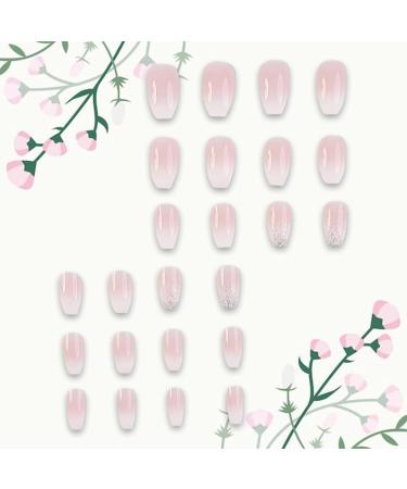 24PCS White Tip Gradient Pink Press On Nails - Medium Square & Glitter Designs - Full Cover Acrylic False Nails for Women & Girls - Buy Online on GoSupps.com
