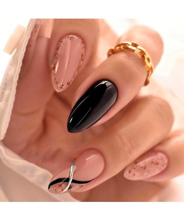 Almond False Nails Short 24Pcs Nude Color Press on Nails French Stick on Nails with Designs Polka Dots Glossy Acrylic Fake Nails Black Full Cover Glue on Nails for Women Girls