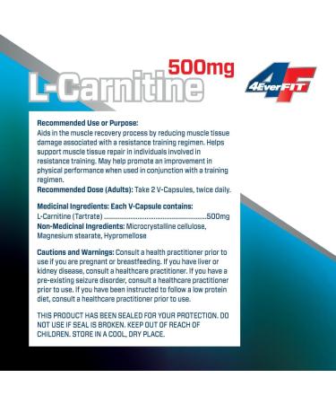 4EverFit L-Carnitine Tartrate 500mg reduces muscle tissue damage supports muscle tissue repair associated with a resistance training regimen improves in physical performance helps support fat metabolism and oxidation 120 Capsules - Buy Online on GoSupps.com