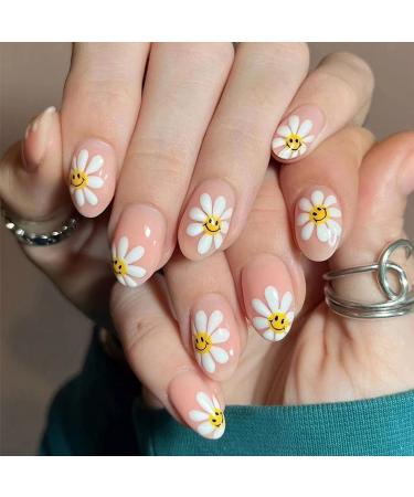 Flower Press on Nails Medium Almond Glue on Nails with Designs Cute Smile False Nails Glossy Full Cover Reusable Glue on Nails for Women 24PCS