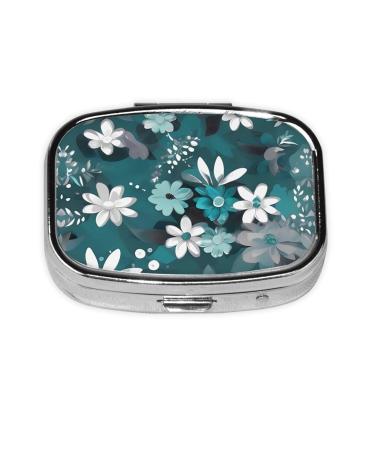 Teal Grey and White Floral Printing 2 Compartment Small Pill Case Cute Small Pill Box Purse Pill Boxs Travel Pill Organizer for Pocket Purse and Travel Gifts