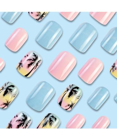 Shop Summer Press On Nails - Square Short Fake Nails with Palm Tree Designs | Glossy Blue & Pink Acrylic | Y2K Style | Reusable 24PCS - Buy Online on GoSupps.com