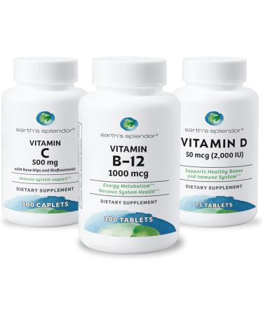 Earth's Splendor Energy & Immune Support: Vitamin B12 (1000mcg) Vitamin C with Rose Hips (500mg) and Vitamin D (2000 IU) - No Artificial Colors or Flavors Gluten Free for Men & Women