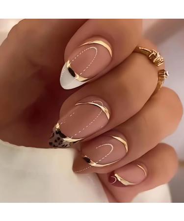 24Pcs Press on Nails Almond Fake Nails Short French Tip False Nails with Designs Nude Pink Glossy Acrylic Nail Decoration Full Cover Glue on Nails Stick on Nails for Women Girls Style 3