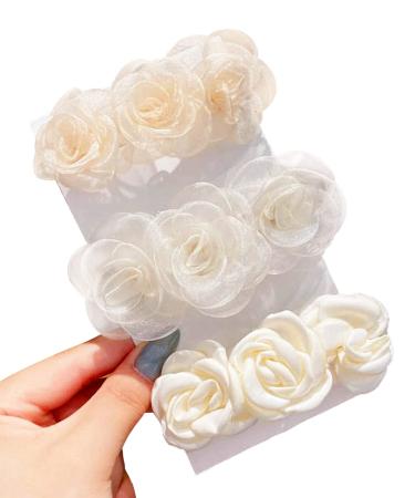 SUNEE - 3 pcs White Roses Flower Hair Clips for Women Girls Teens Wedding Bridesmaids Gift Accessory Hawaii Bachelorette Party