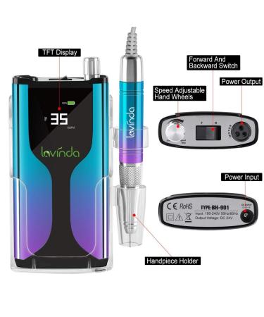 Rechargeable Nail Drill Machine Lavinda Cordless 35,000RPM Skyspace Brushless - Gradient Blue/Purple Metallic | Portable Electrical Nail File for Acrylic Nails with Protective Case - Buy Online on GoSupps.com