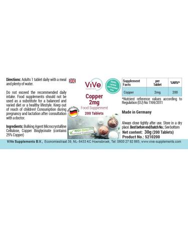 Cuivre 2mg - 200 comprim s - Bisglycinate de cuivre - Dosage lev - Biodisponible - Qualit allemande - ViVe Supplements - Buy Online on GoSupps.com