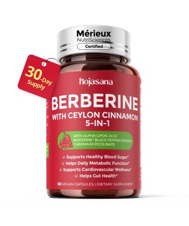 HojaSana 30-Day Supply Berberine with Ceylon Cinnamon for Blood Sugar Cholesterol & Metabolism* | Gluten-Free Non-GMO & Vegan 500mg Berberine Supplement | 60 Capsules