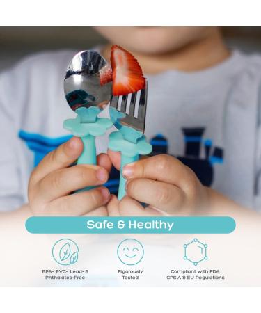 Grabease Stainless Steel Fork Knife & Spoon Set for 18m+ | Teal | Safe & Easy for Kids - Buy Online on GoSupps.com