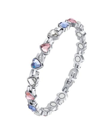 Jecanori Lymphatic Drainage Magnetic Bracelet for Women Titanium Steel Magnetic Wristbands with Gorgeous Sparkling Love Heart Shape Cubic Zirconia Costume Brazaletes with Removal Tool&Gift Box Colorful