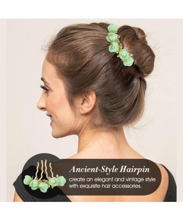 Vintage Asian Chinese Hanfu Pearl Green Jade Hair Combs & Pins Set | Hair Accessories for Women & Girls - Buy Online on GoSupps.com