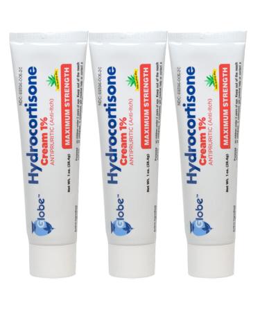 Globe Hydrocortisone Maximum Strength Cream 1% w/ Aloe, Anti-Itch Cream for Redness, Swelling, Itching, Rash & Dermatitis, Bug/Mosquito Bites, Eczema, Hemorrhoids & More (3-Pack)